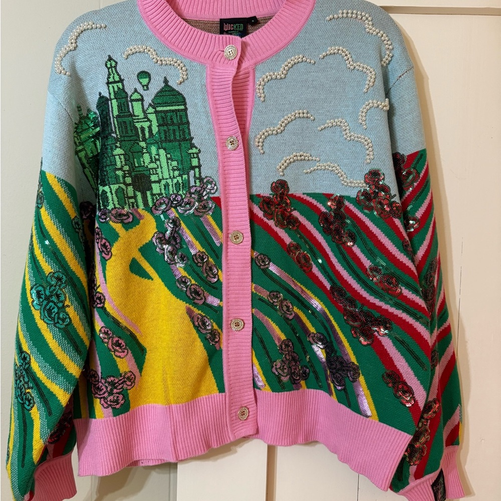 QUEEN OF SPARKLES Wicked/Wizard of Oz Themed Pink and Green Sequin Cardigan
